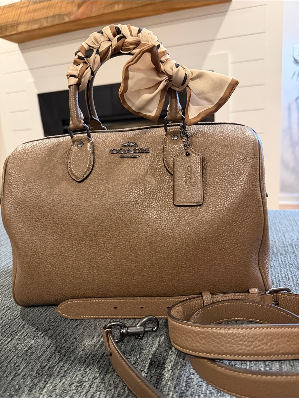 Coach Pebbled Leather Rowan Satchel in Dark Stone with Scarf Accent